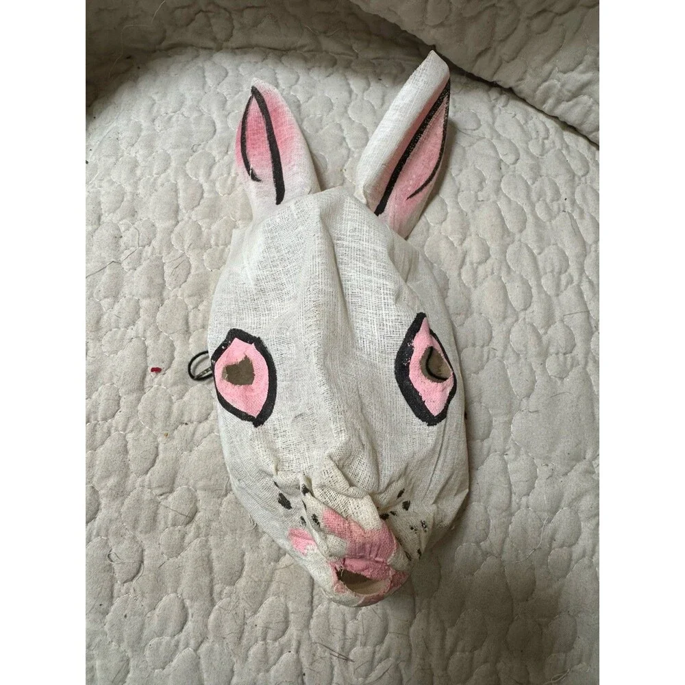 Vtg Scary Bunny Rabbit Starched Gauze Halloween Face Mask Costume Yellow 12